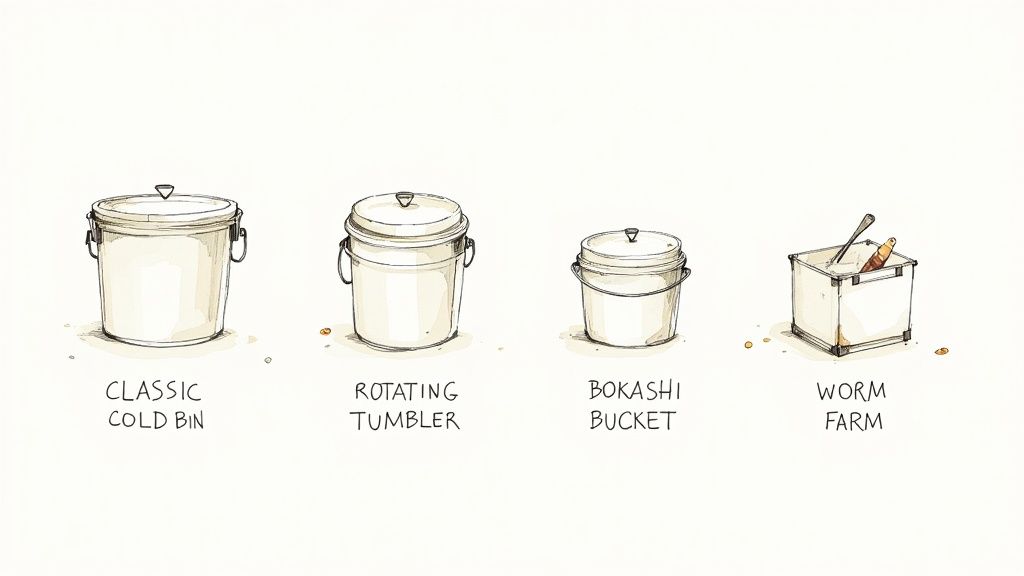 A variety of composting bins, including a tumbler and a standard plastic bin, in a garden setting.