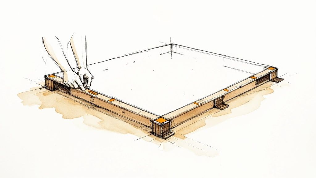 A person assembling a timber raised garden bed on a lawn.