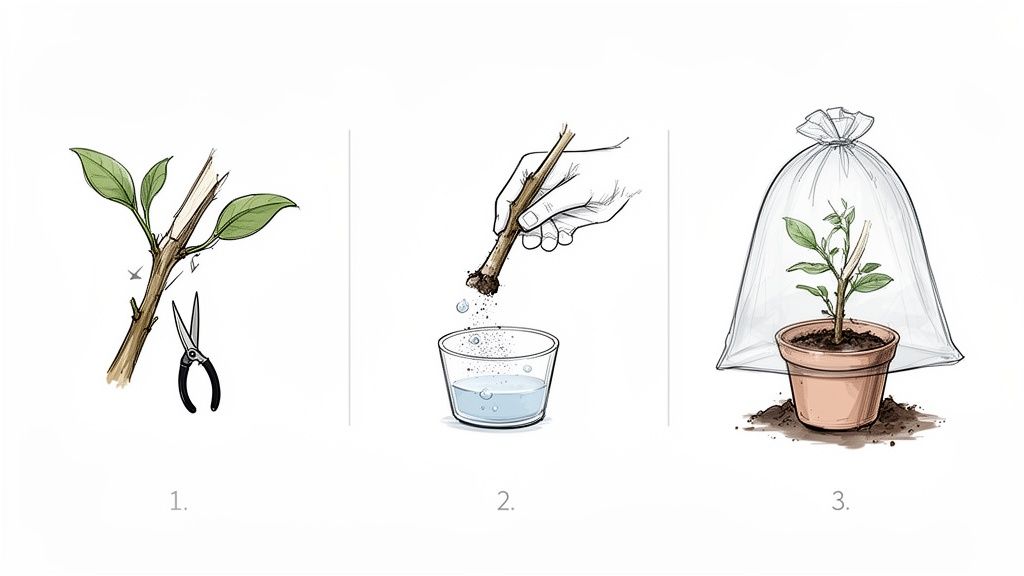 A three-step guide demonstrating plant propagation: cutting, applying rooting hormone, and potting with a humidity dome.