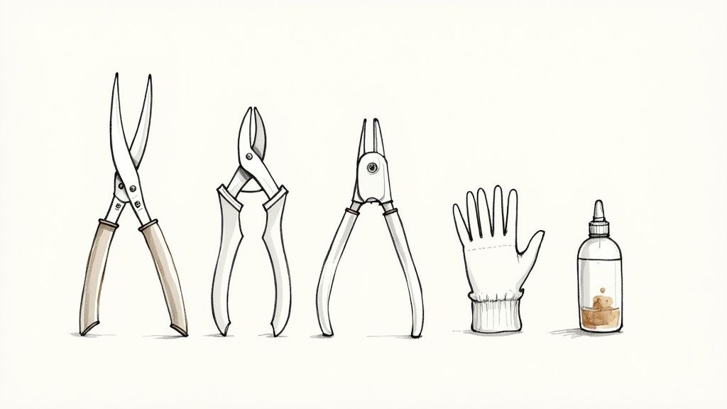 A pair of sharp secateurs lying on a wooden surface next to a pair of gardening gloves.