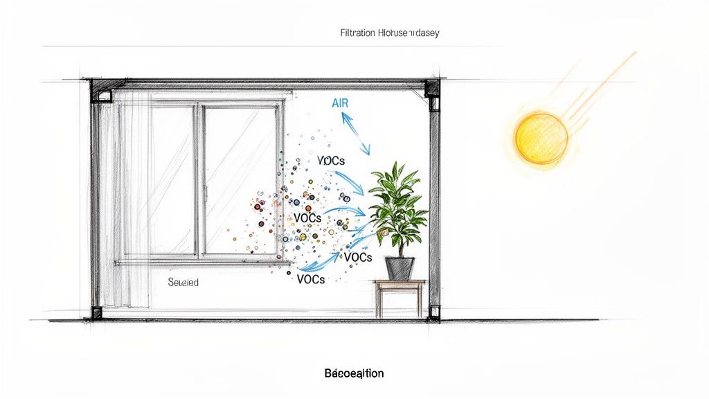 Diagram illustrating a plant absorbing VOCs and purifying air in a room with a window and sunlight.
