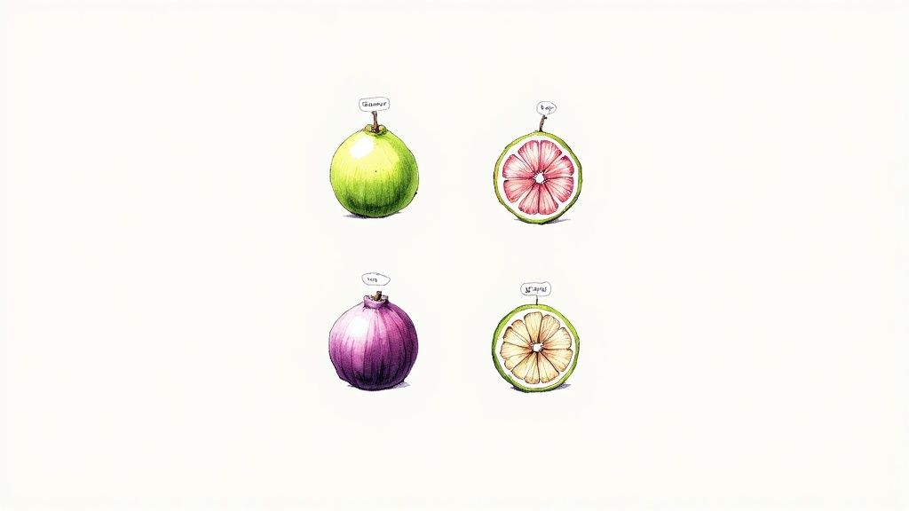 Four watercolor illustrations showing whole and cross-sectioned citrus fruits in pink and purple varieties