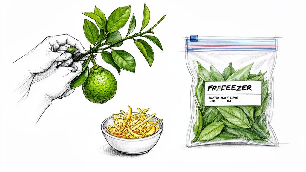 An illustration showing hands plucking kaffir lime from a branch, zest in a bowl, and leaves in a freezer bag.