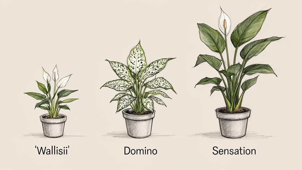 Illustration of three different potted houseplants: a small peace lily, a spotted-leaf plant, and a large peace lily.