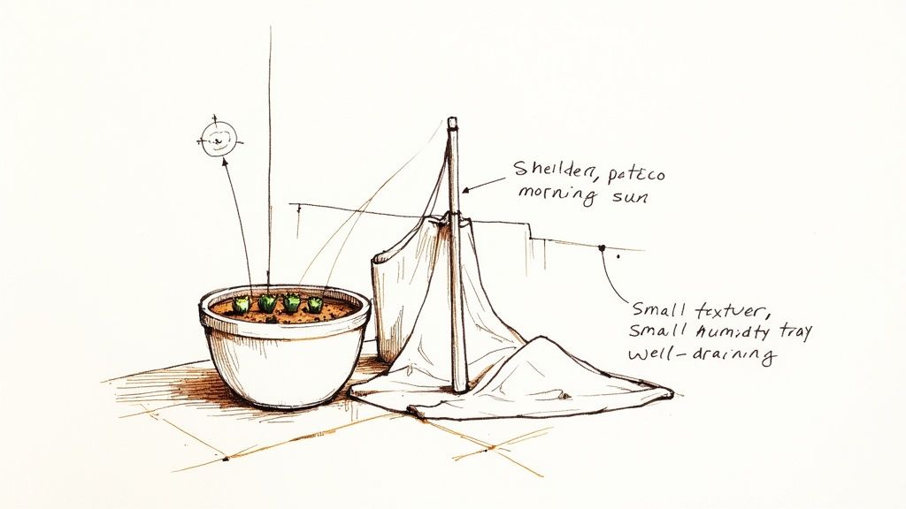 A hand-drawn sketch of small plants in a pot with a temporary sun shelter and care notes.
