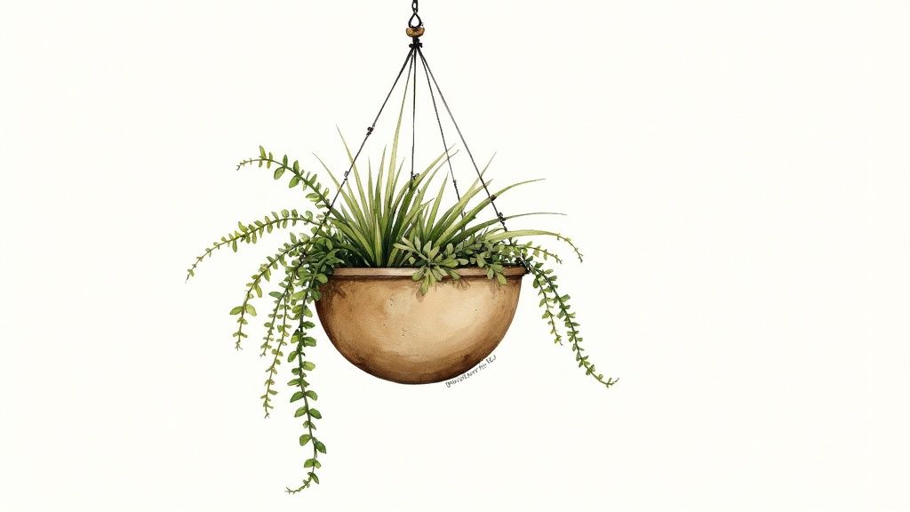 A watercolor illustration of a lush green plant in a brown hanging basket against a white background.