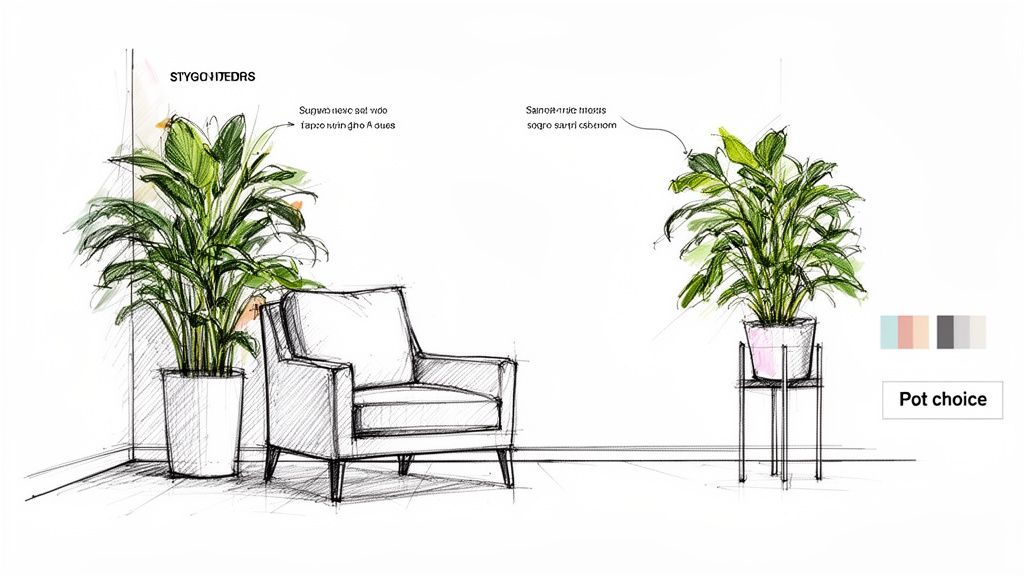 A detailed sketch illustrating two large indoor plants in pots, an armchair, and a pot color palette.