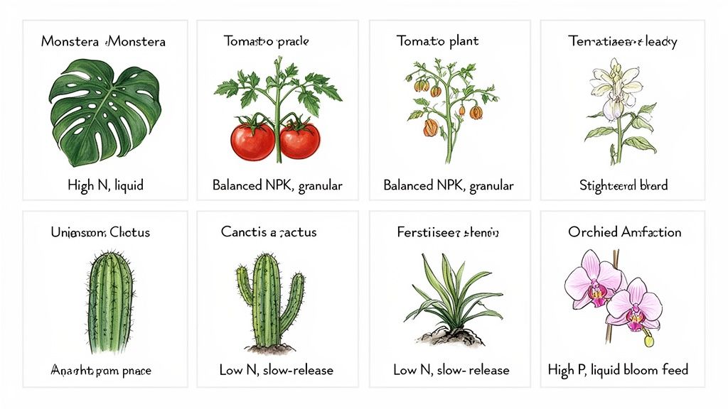 Eight illustrated cards displaying different plants like Monstera, tomato, cactus, and orchid, with recommended fertilizer types.