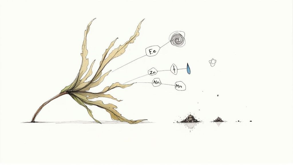 Drawing of a plant connected to elements Fe, Zn, Mn, N, and diminishing piles of soil.