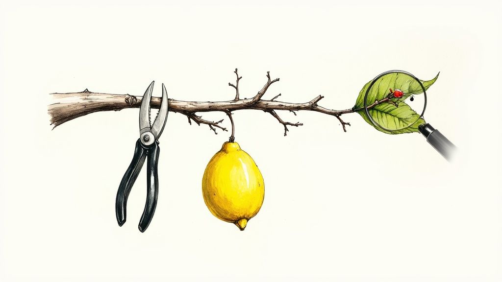 A person pruning a lemon tree with secateurs, focusing on small branches.