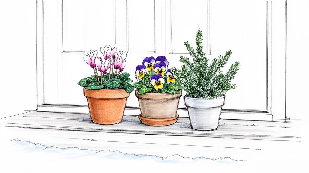 An illustration of pink cyclamen, purple pansies, and a green conifer in pots on a winter windowsill.