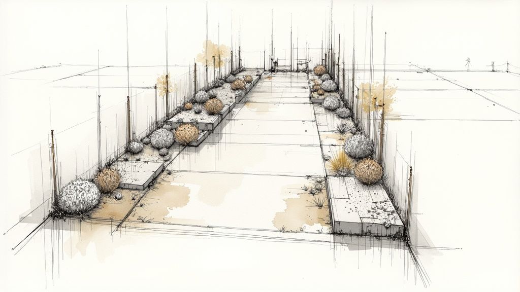 A stunning New Zealand garden featuring a Pōhutukawa tree as a focal point, with layered plantings and natural stone paths.