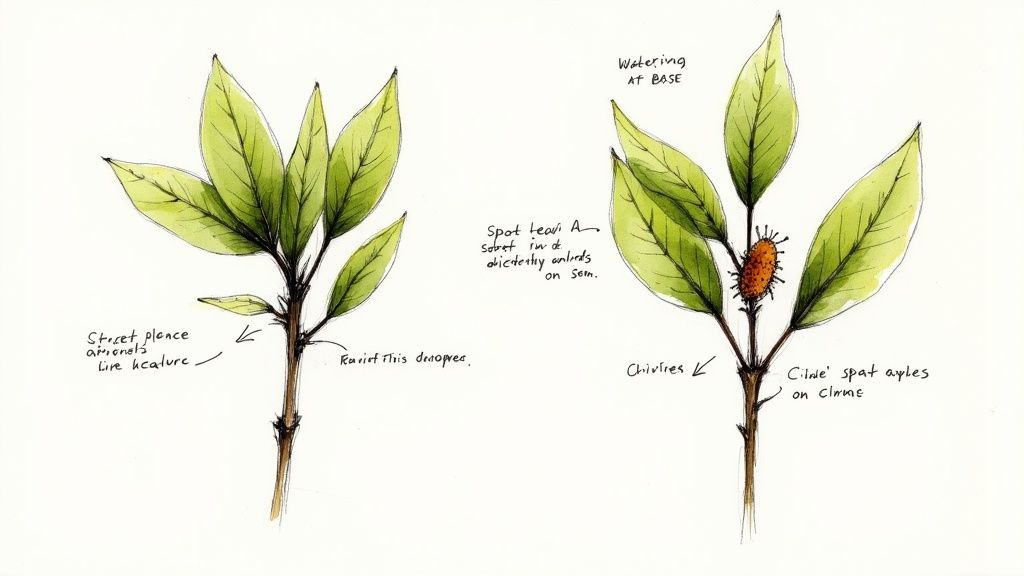 Botanical illustration showing two plant specimens with green leaves, stems, and detailed anatomical labels