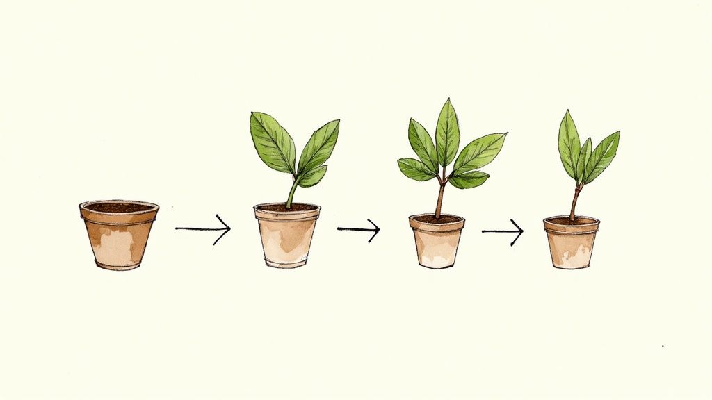 A person inspects the leaves of a Fiddle Leaf Fig in a plant nursery.