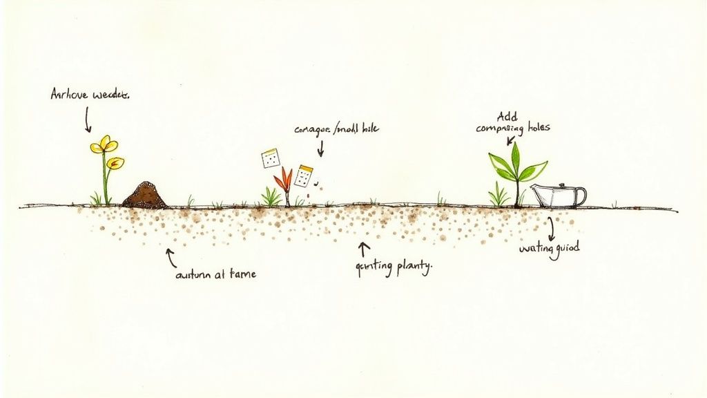 A person's hands planting small ground cover plants in prepared soil.