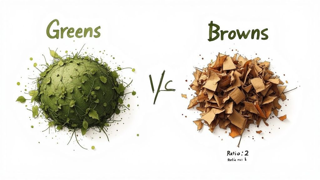 A person's hands holding a mix of green vegetable scraps and brown dried leaves over a compost bin.