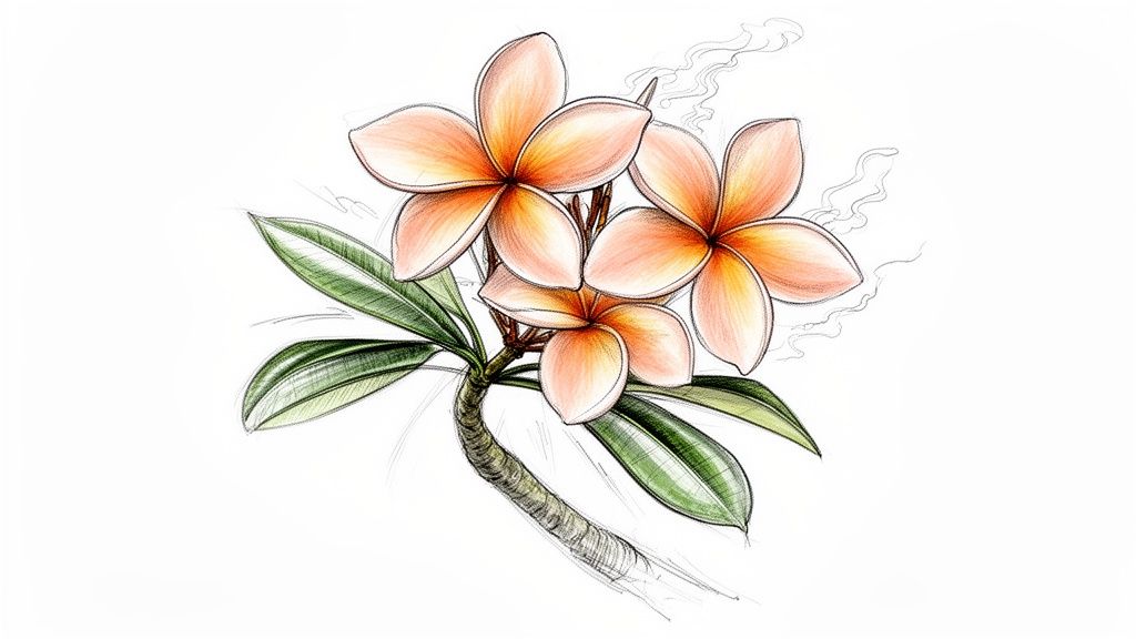 A beautiful hand-drawn illustration of peach and orange plumeria flowers with green leaves on a white background.