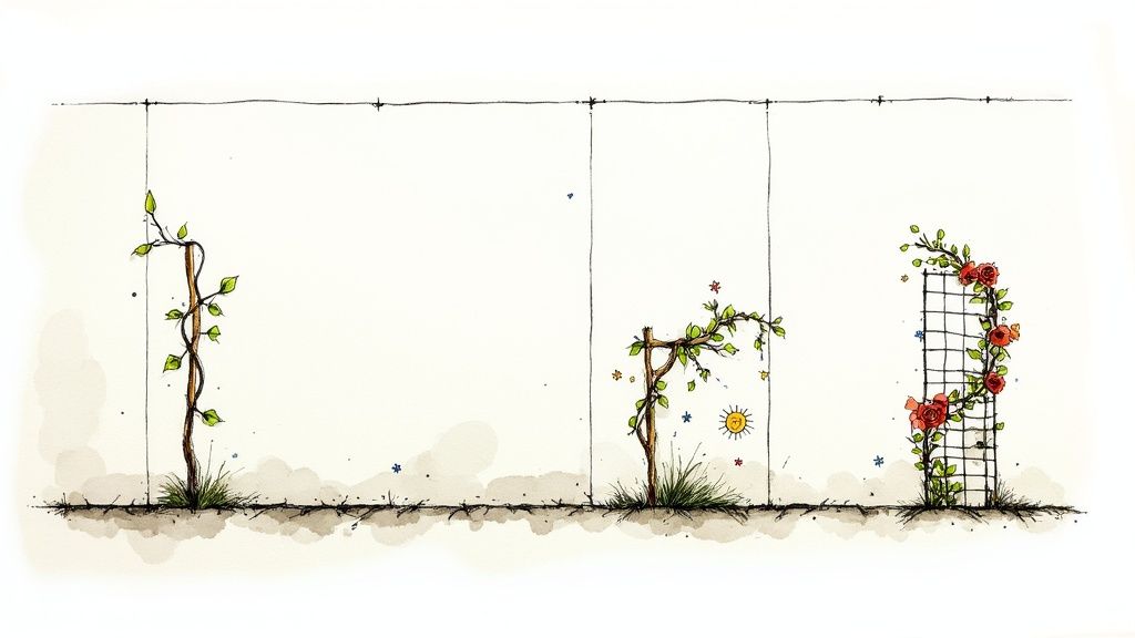 Lush green climbing plants covering a modern grey wall.