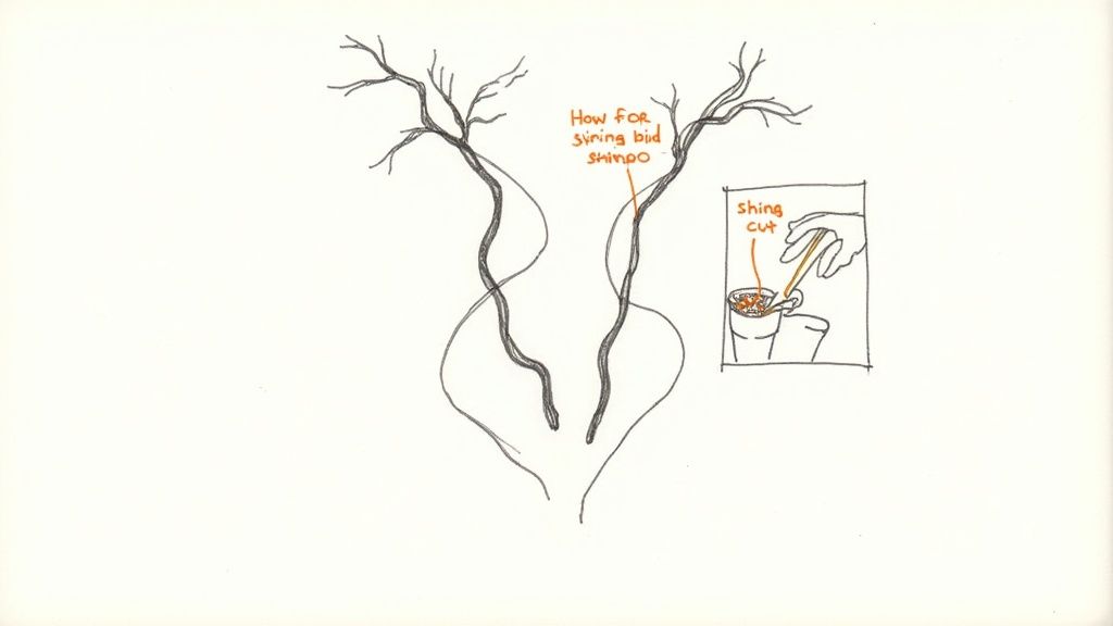 A close-up of hands carefully pruning a Pachira Money Tree with shears.