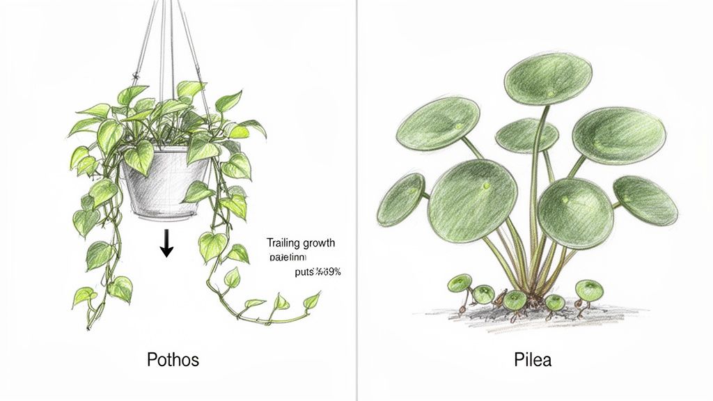 Illustrations of two common houseplants: a trailing Pothos in a hanging pot and a Pilea with distinctive round leaves.