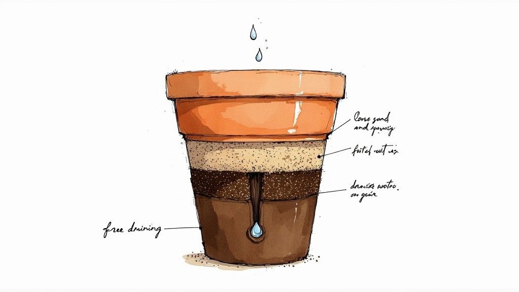 Cross-section diagram of a terracotta plant pot showing soil layers, a drainage system, and water flow.