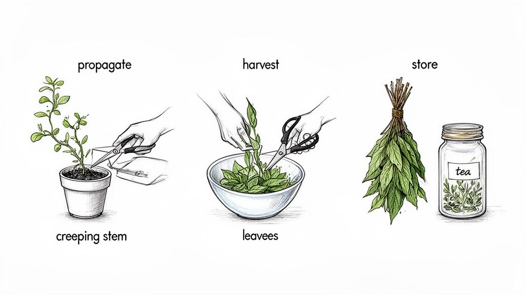 Illustration showing steps for cultivating and preparing plant leaves for tea, including propagation, harvest, and storage.