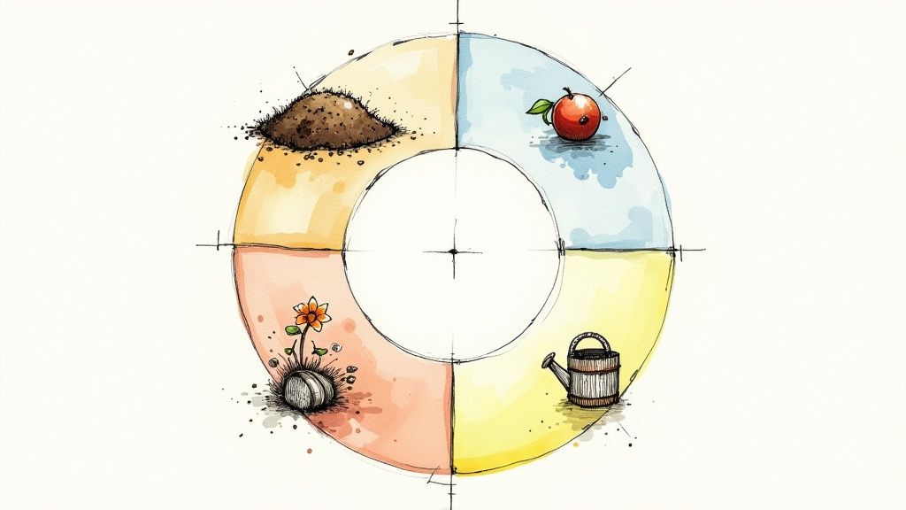 A person's hands adding fertiliser to a garden bed with lush vegetable plants