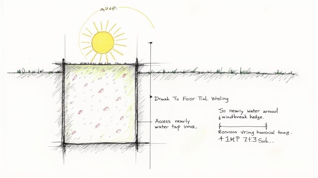 A neatly positioned raised garden bed in a backyard, catching the sunlight.