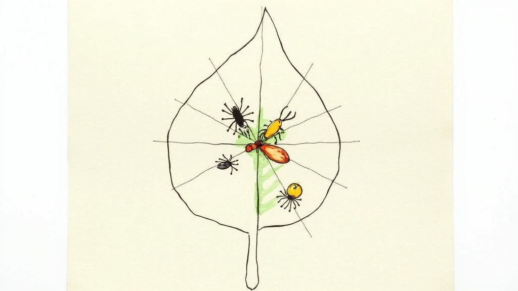 A close-up image showing tiny aphids clustered on a green plant stem, a common pest neem oil can treat.