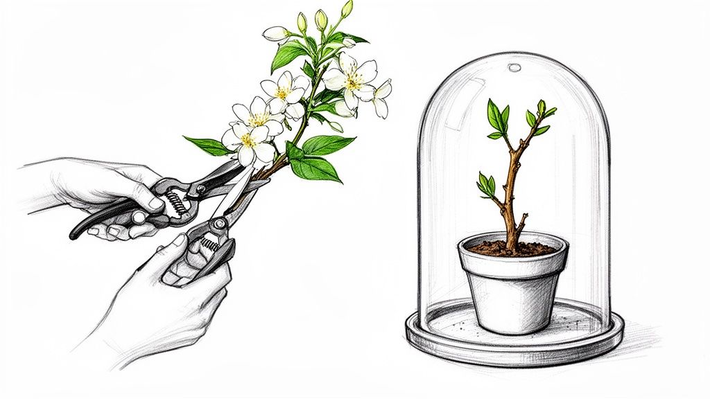 A drawing showing hands pruning a flowering jasmine branch and a small plant under a glass cloche.