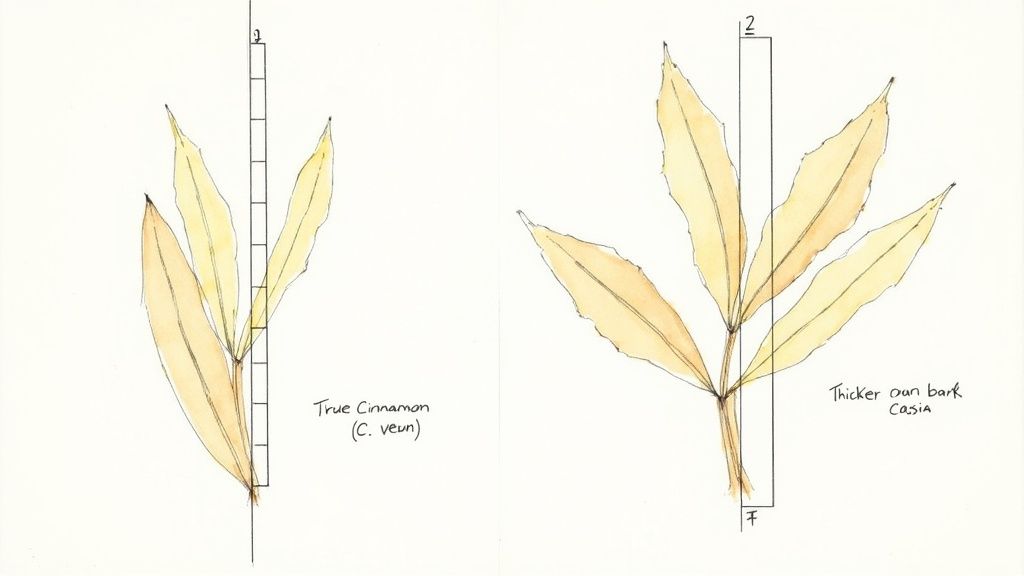 Two watercolor illustrations comparing true cinnamon and cassia plant leaves with measurement scales.
