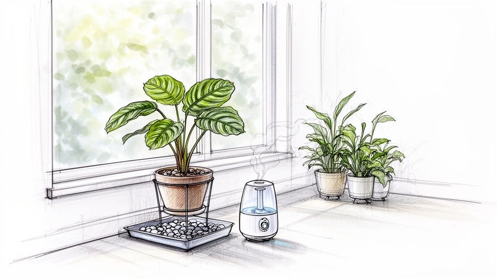 A hand-drawn sketch showing a Calathea medallion plant and other houseplants with a humidifier near a window.