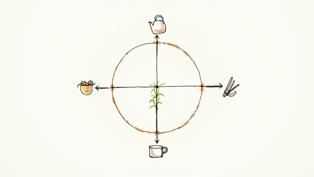 Diagram illustrating the process of making a beverage from a plant, with clippers, ingredients, a teapot, and mug.