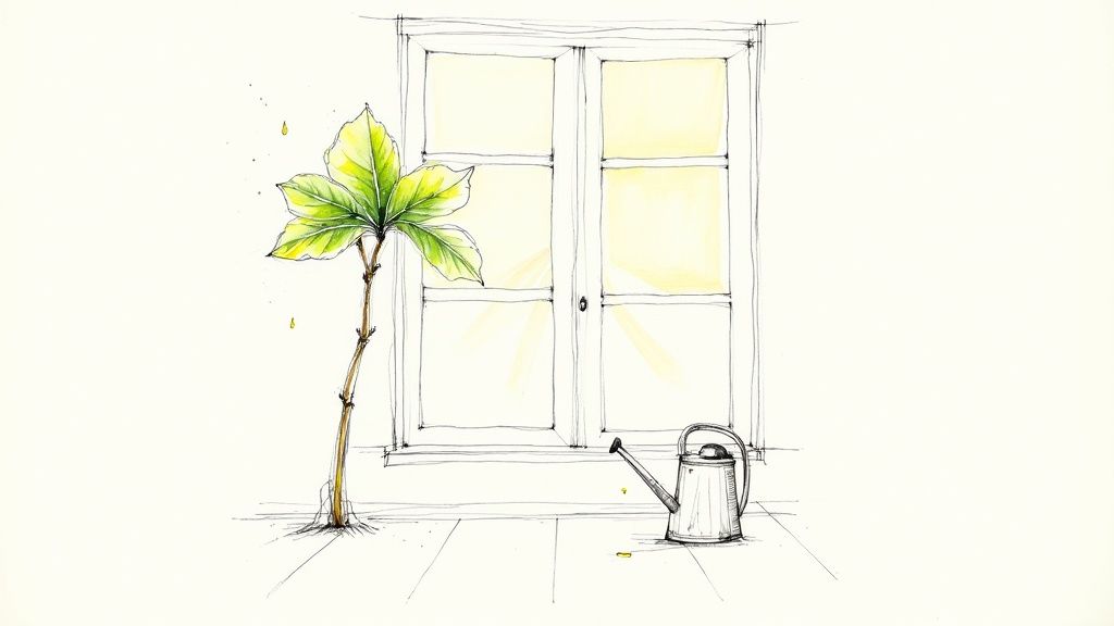 A person watering a Fiddle Leaf Fig in a sunlit room, illustrating seasonal plant care.