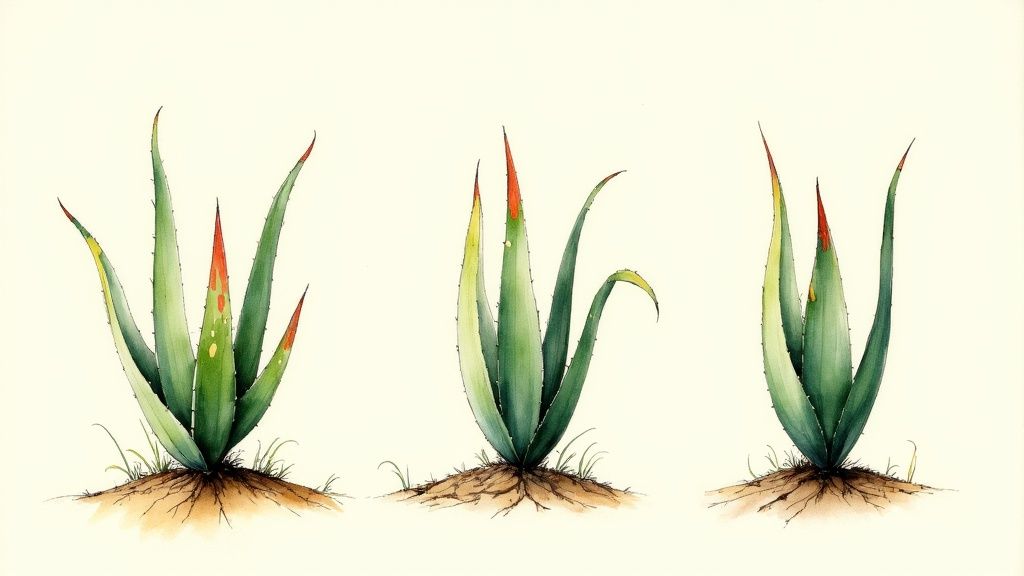Watercolor illustrations of three aloe vera plants with green leaves and reddish-yellow tips, showing roots.