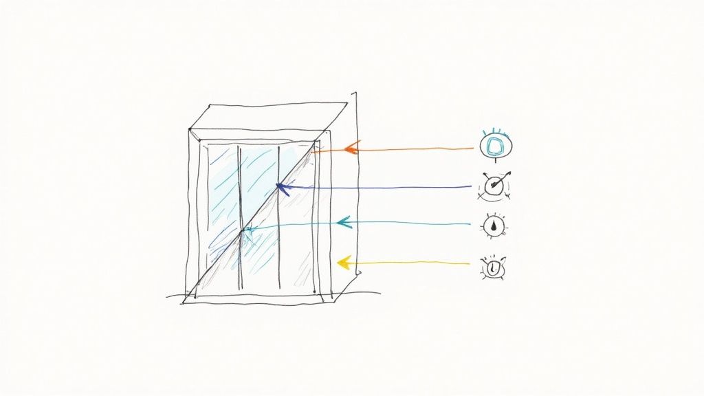 Hand-drawn sketch illustrating environmental factors like light, time, and observation influencing an indoor space.