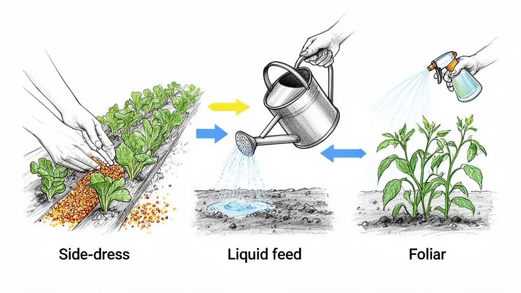 Illustration demonstrating side-dress, liquid feed, and foliar spray methods for fertilizing plants.