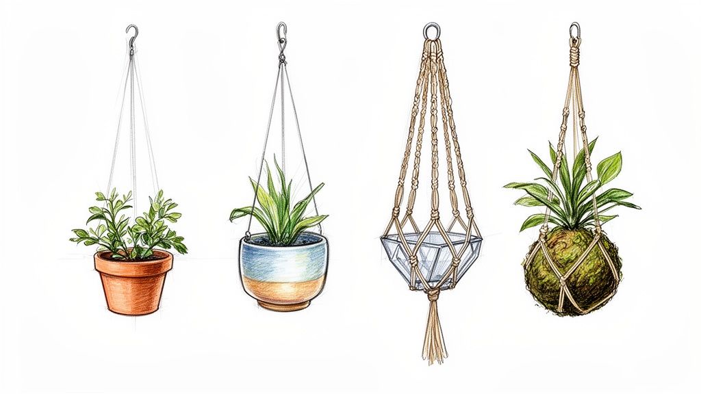 Four detailed illustrations of diverse hanging planters, including terracotta, ceramic, glass terrarium, and kokedama.