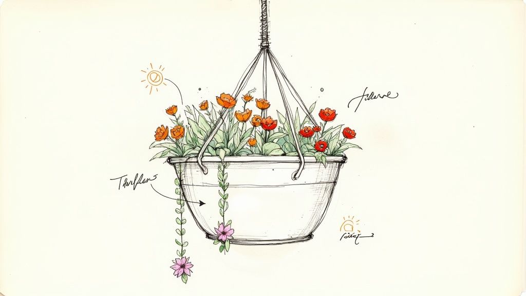 Hand-drawn illustration of a hanging basket filled with vibrant orange and red flowers, a trailing plant, and sun icons.