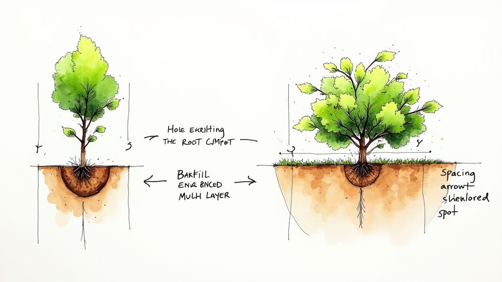 A person's hands gently placing a small guava sapling into a prepared hole in rich, dark garden soil.