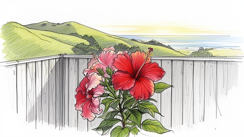 A colorful drawing of red and pink hibiscus flowers on a balcony overlooking green hills and the ocean.