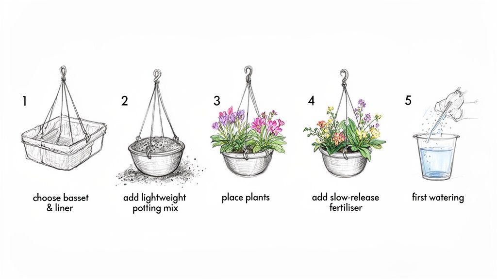 A five-step illustrated guide showing how to plant a vibrant hanging basket with flowers.