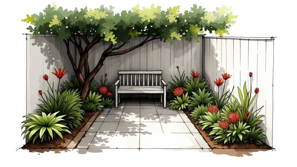 Lush green foliage from various shade-loving plants creating a dense, textured garden corner.