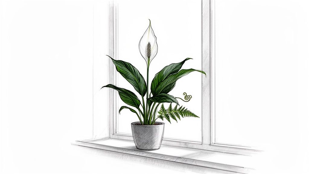 A beautiful hand-drawn peace lily plant in a pot with a fern on a bright windowsill.