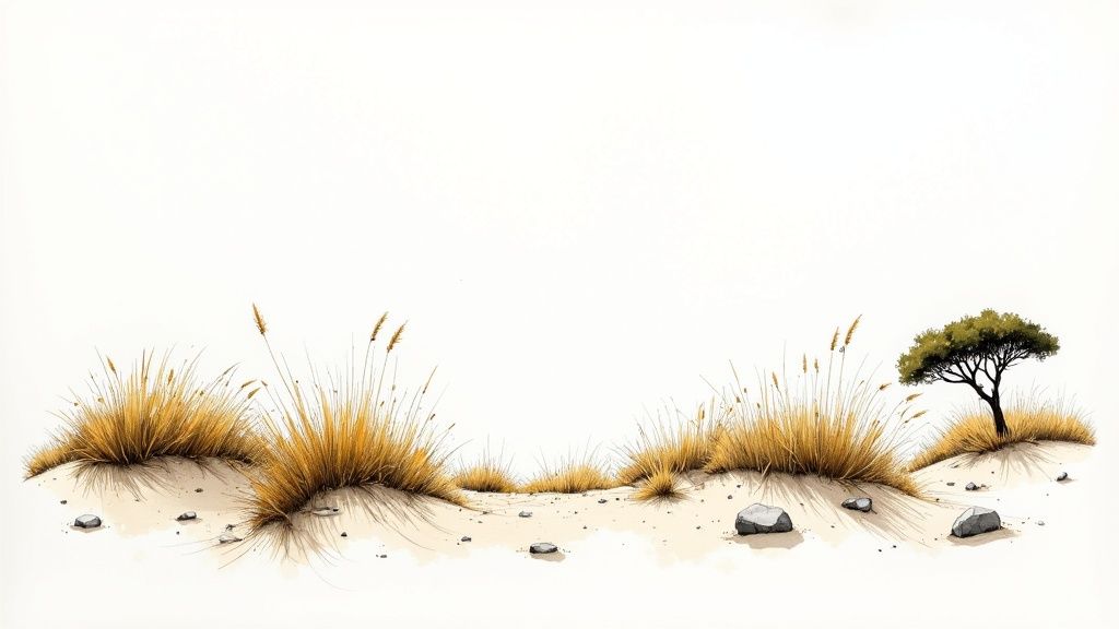 Close-up of golden New Zealand native tussock grasses in a garden setting, backlit by the sun.