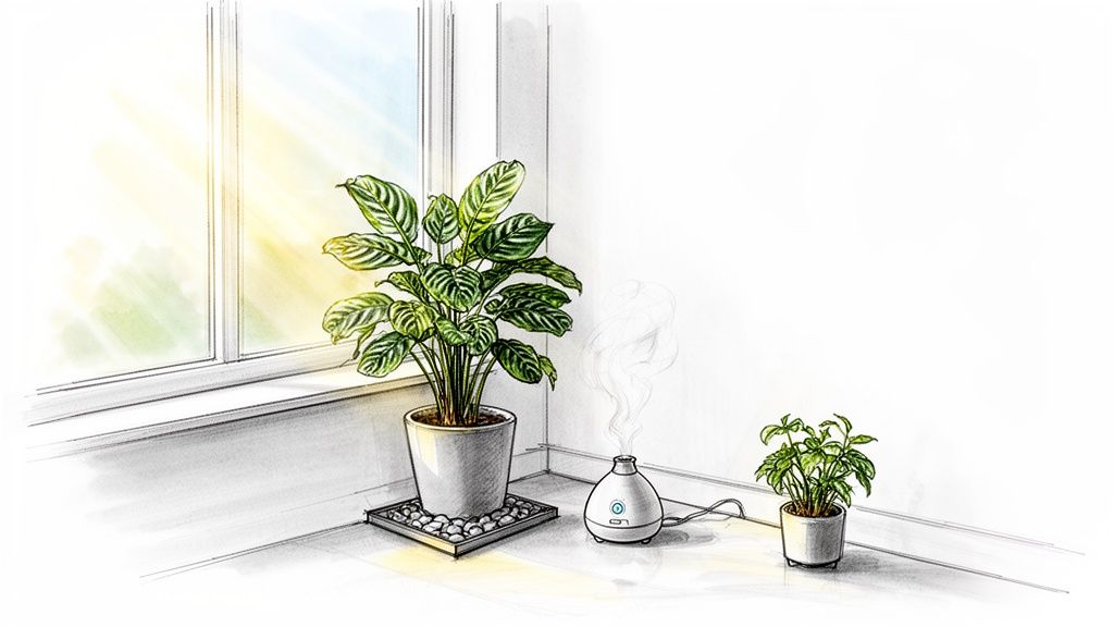 Illustration of a bright room corner with a large Calathea plant, a small plant, and a misting diffuser.
