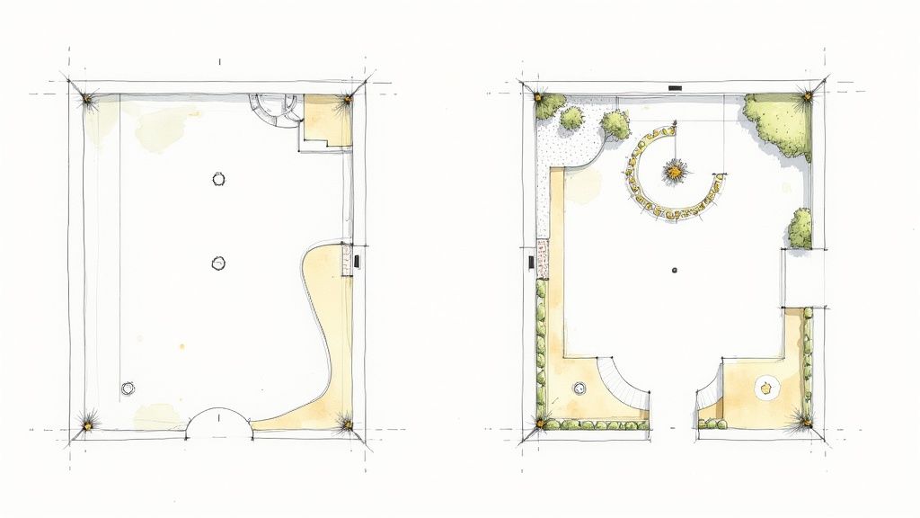 A hand sketching a detailed landscape garden design plan on paper.