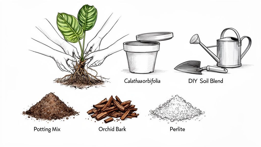 Illustration of potting a Calathea orbifolia plant, with soil ingredients and gardening tools.