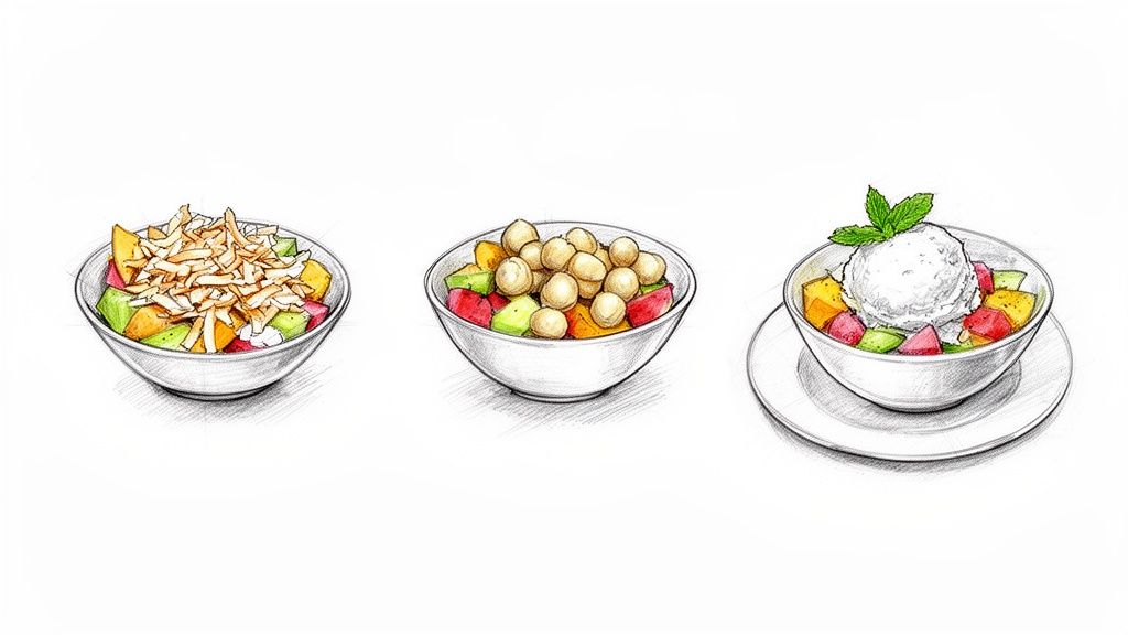 Three colourful fruit salads in white bowls, topped with coconut flakes, nuts, and ice cream with mint.