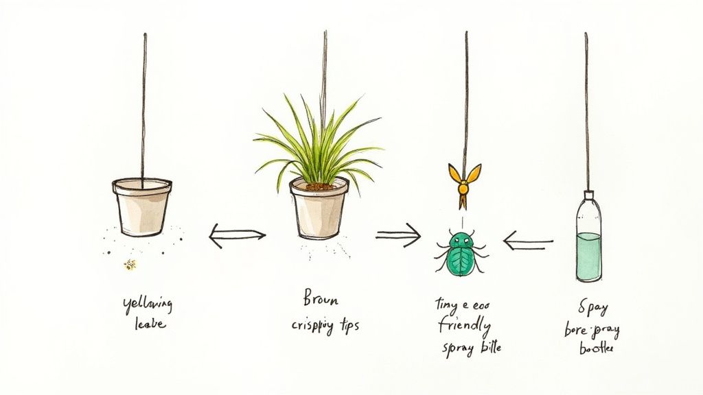 Diagram showing spider plant care stages from yellowing leaves to pest control spray bottle